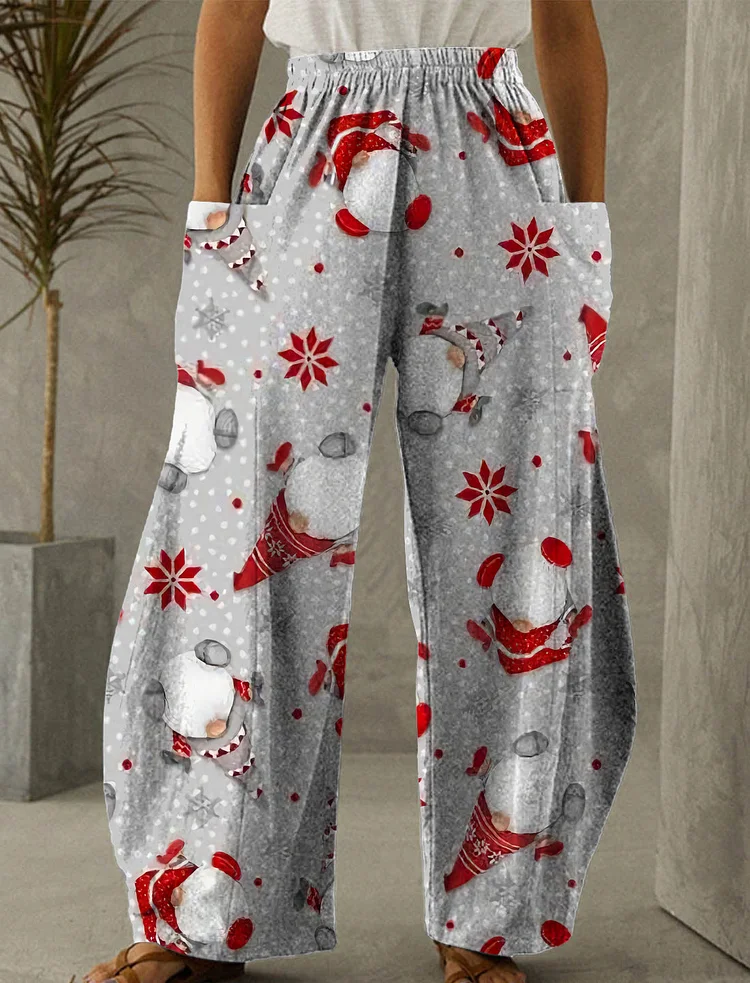 Christmas Grey And Red Deer Print Casual Pants