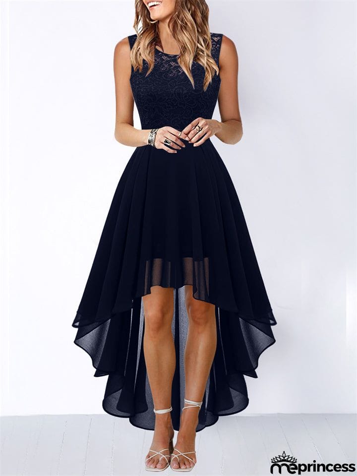 Women's Lace Splicing Round Neck Backless Chiffon Elegant Dress