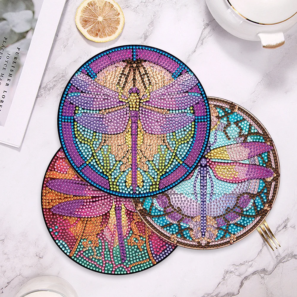 4pcs DIY Dragonfly Wooden Diamond Painting Placemats Kitchen Dish Mat with Holder