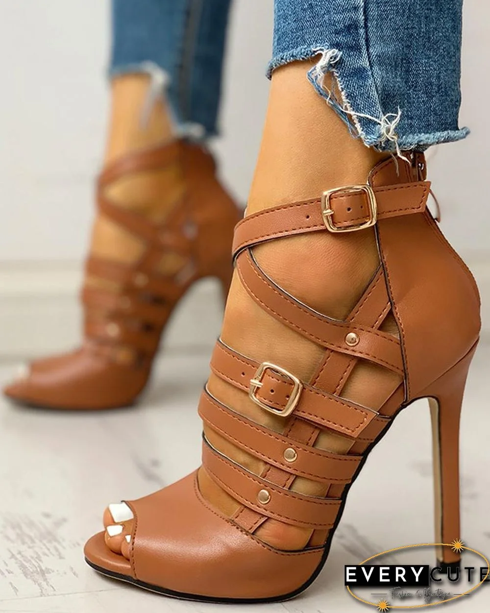 Solid Hollow Out Ankle Strap Thin Heeled Sandals