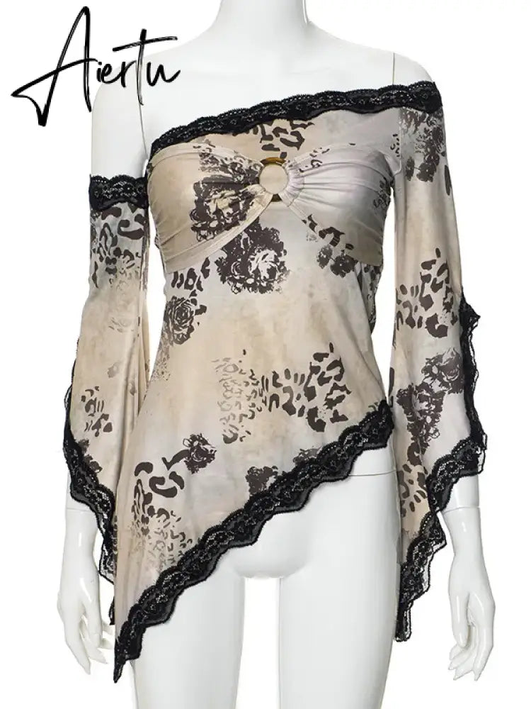 Aiertu  MO Elegant Lace Patchwork Print Irregular Skew Collar Long Sleeve T-shirt Tops For Woemn Sexy Fashion Club Cropped Tops Aiertu