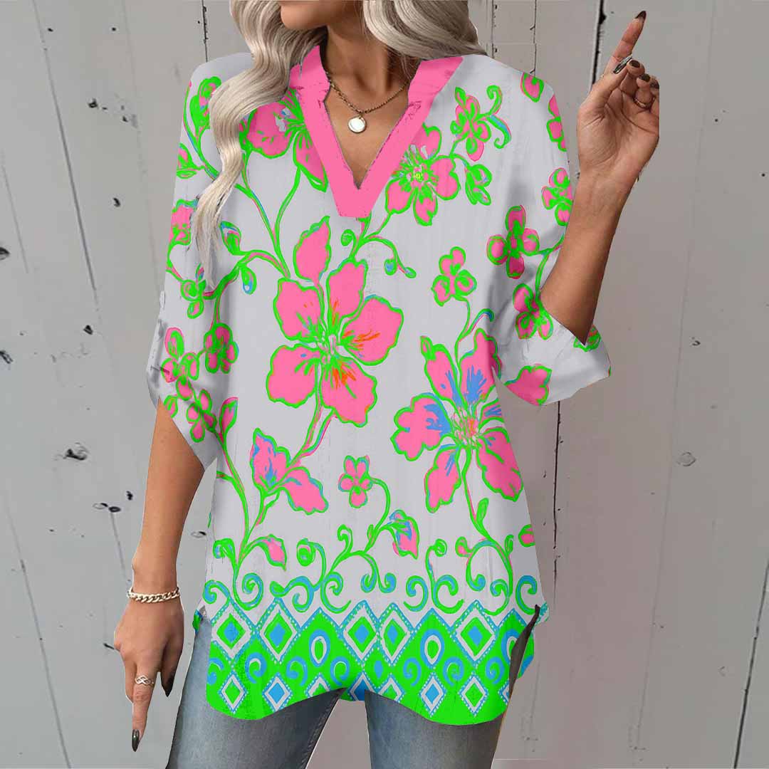 Women Floral,Green,Red DZGA0266 3/4 Sleeve V-neck Printed Graphic Button Tops