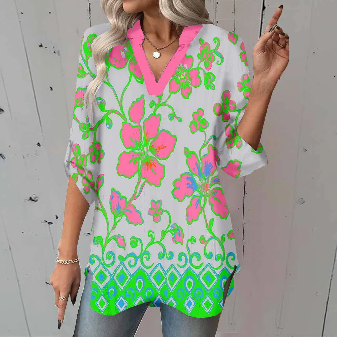 Women Floral,Green,Red DZGA0266 3/4 Sleeve V-neck Printed Graphic Button Tops