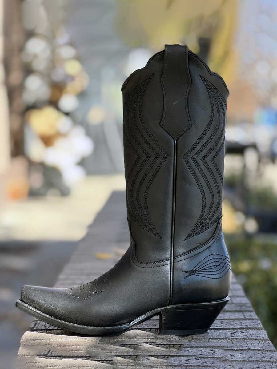 Black Vegan Leather Mid-Calf Embroidered Block Heeled Cowgirl Boots