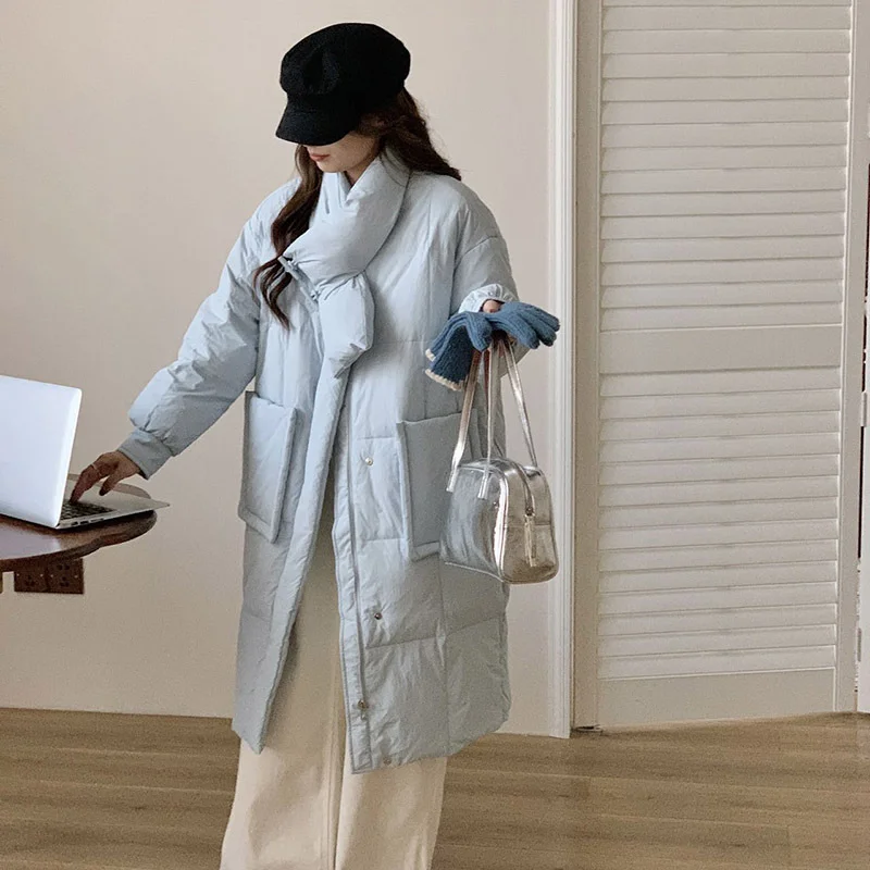 Toloer Scarf Long Down Jacket Female 2024 Winter Korean Sweet Thick Pocket Over The Knee White Duck Down High-End Coat-Outfit Ideas