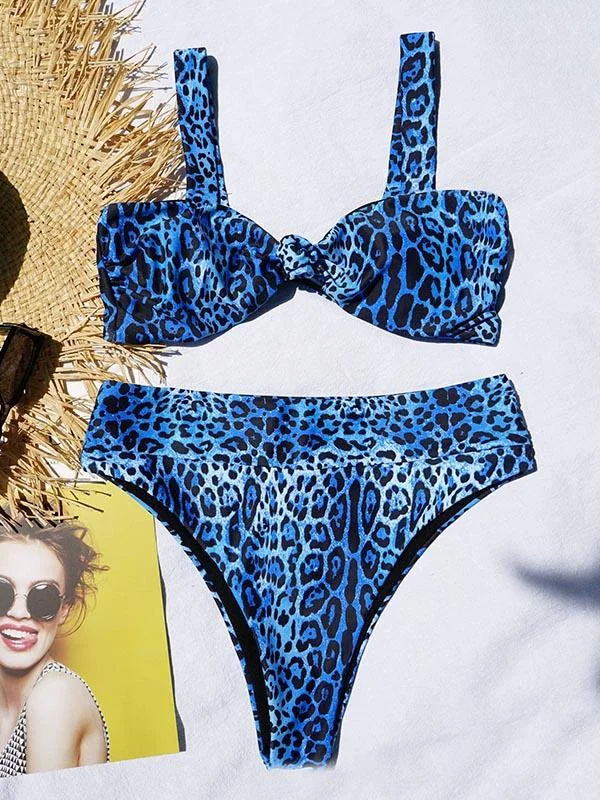 Leopard Print Knotted Bandeau Split Bikini Swimsuit