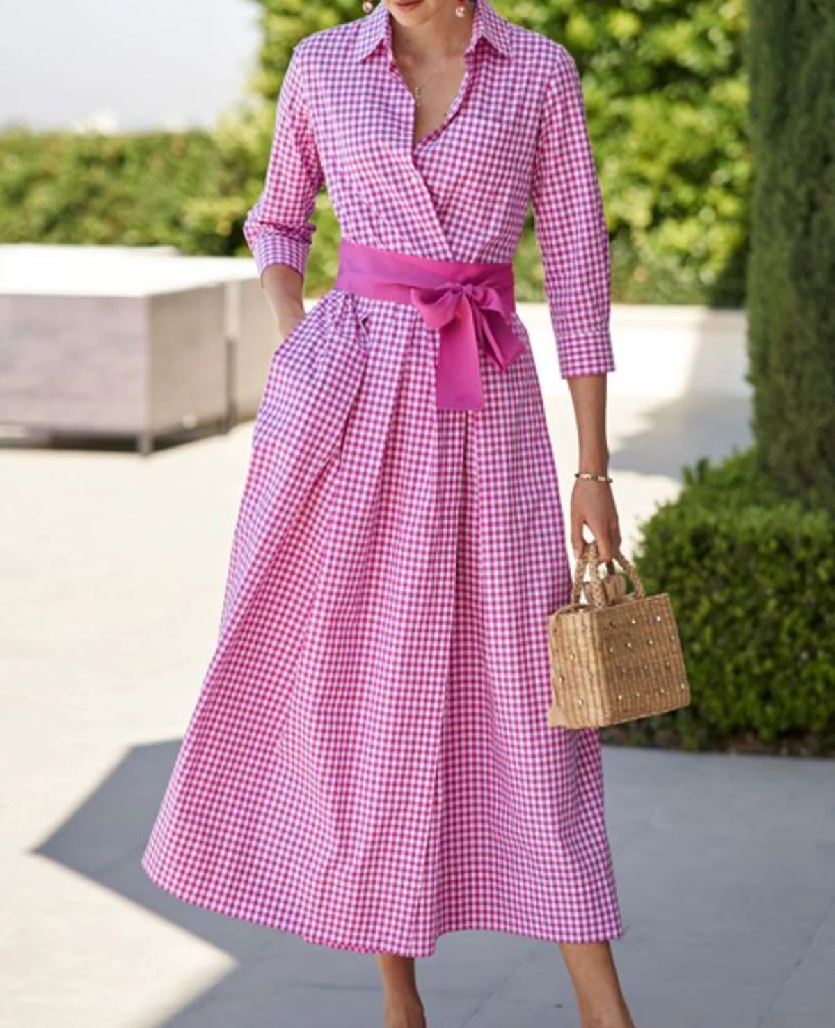 Relaxed Plaid Lapel Swing Midi Dress