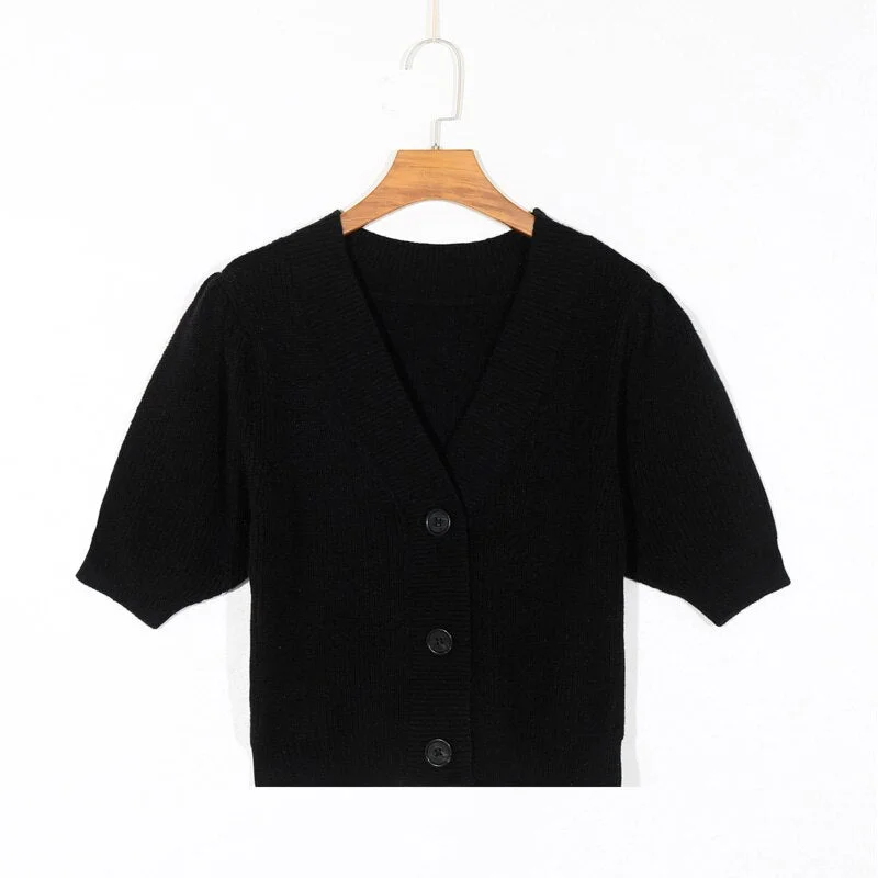 Spring women's sweater casual solid color V-neck short sleeve sweater