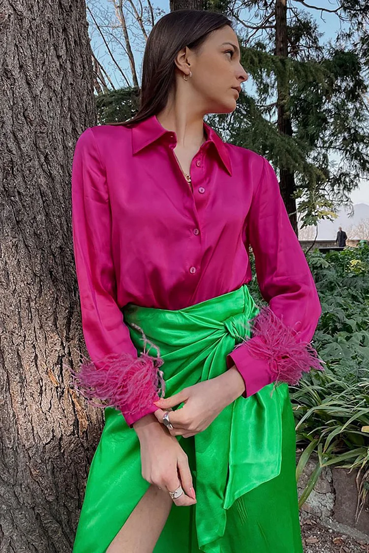 Satin Button Up Feather Patchwork Long Sleeve Blouse - Fuchsia