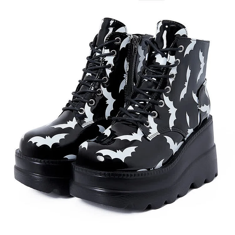 Punk Goth Bat Print Lace Up High Wedge Boots - Modakawa modakawa