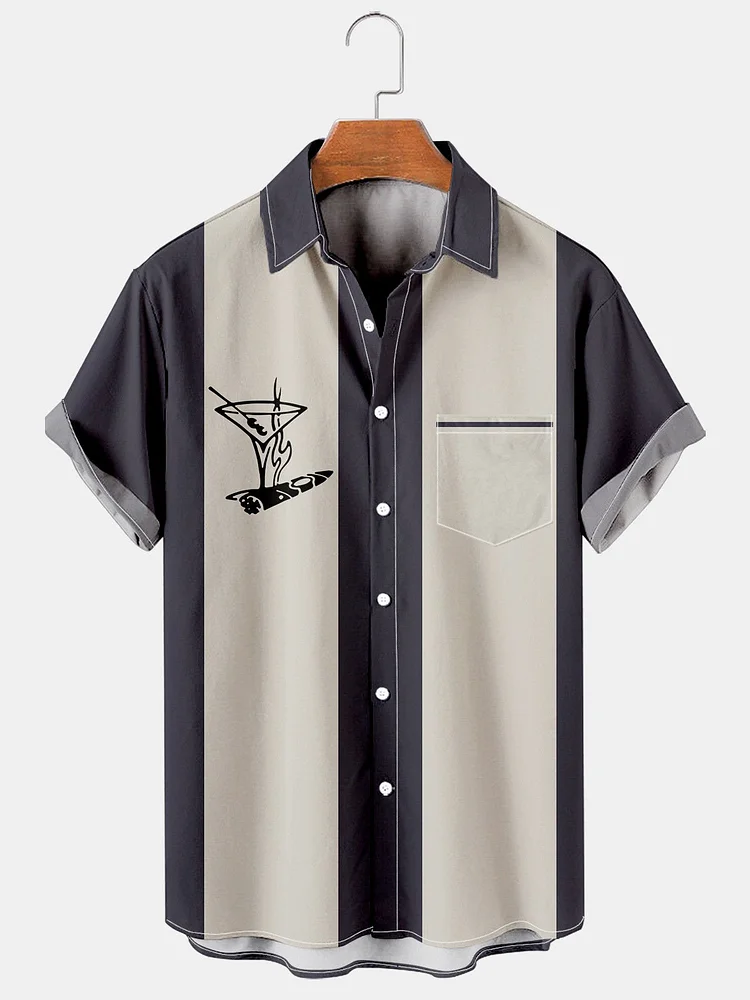 Mens Wine Glass Print Casual Breathable Hawaiian Short Sleeve Shirt