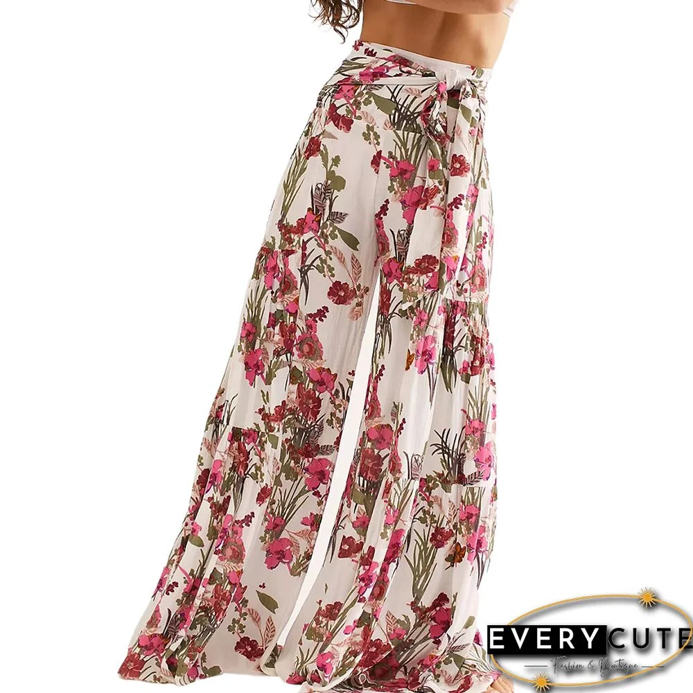 Pink Digital Print Tie Waist Beachwear Wide Leg Pants