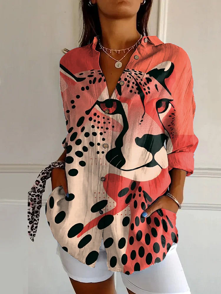 Vintage Leopard Print Casual Long Sleeve Shirt