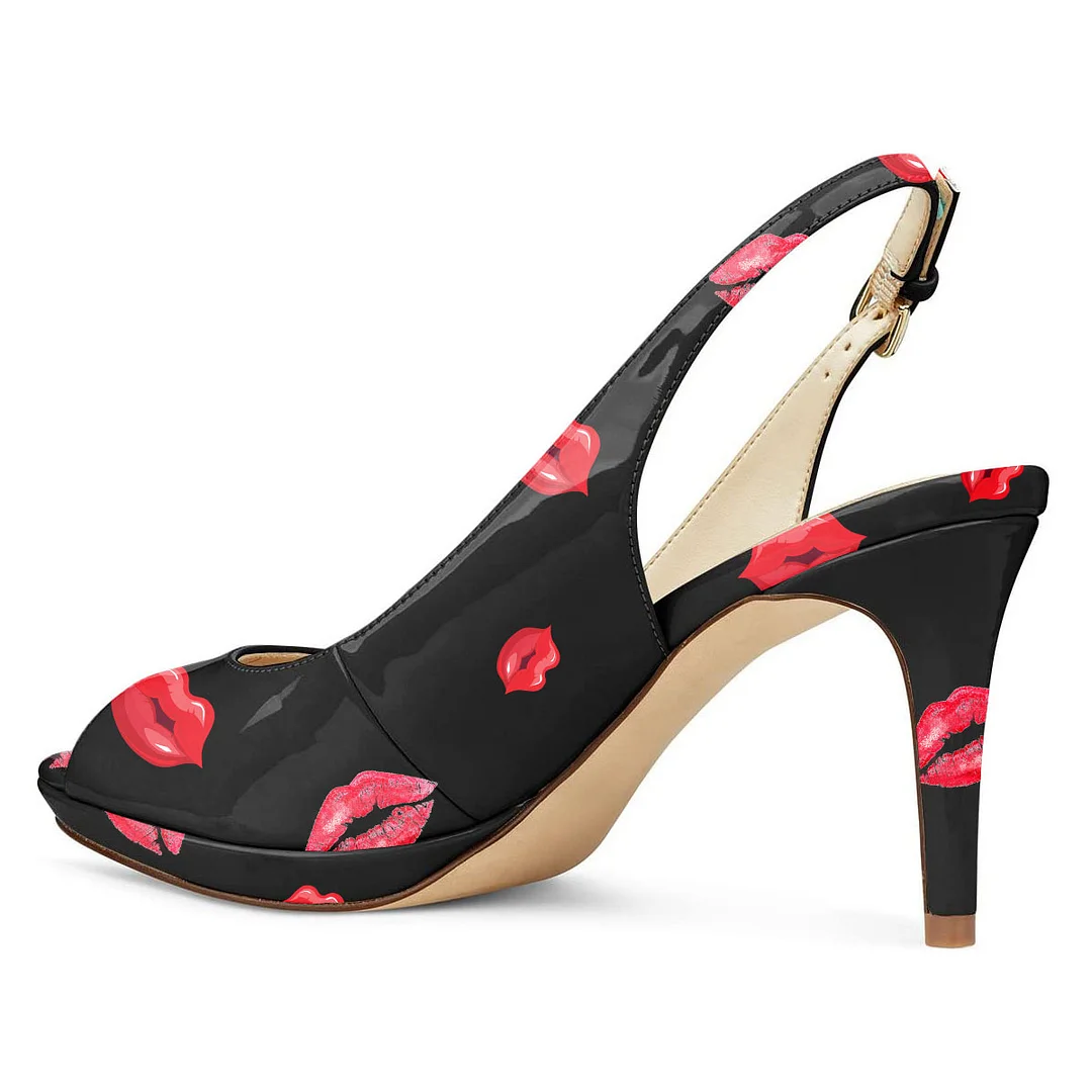 Patent Leather Slingback Red Lips Printed Platform Sexy High Heels