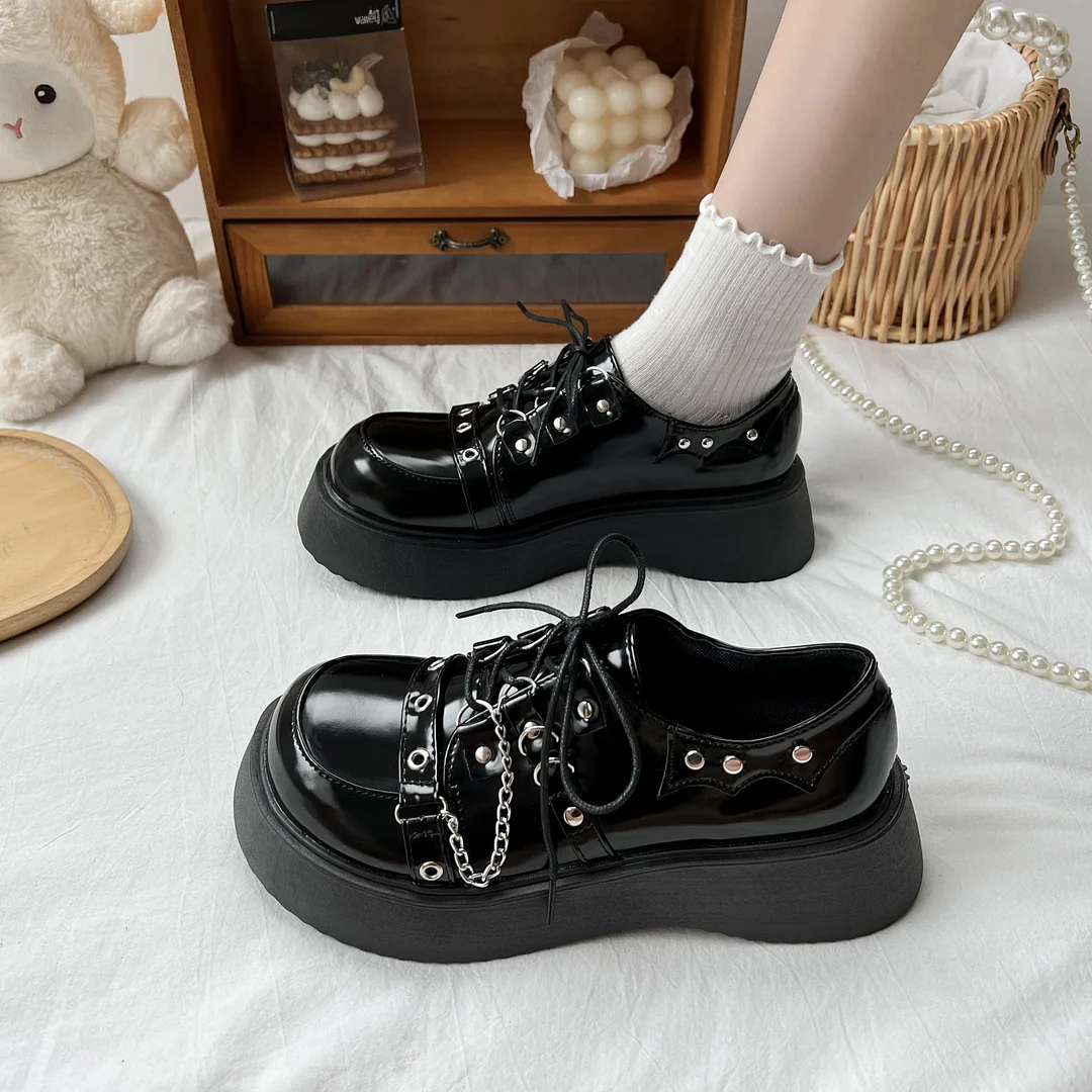 Zhungei Shoes Lolita Shoes Mary Janes Women's Shoes School Uniform Jk Student Shoes Women Girl Round Toe Lolita Vintage Chain