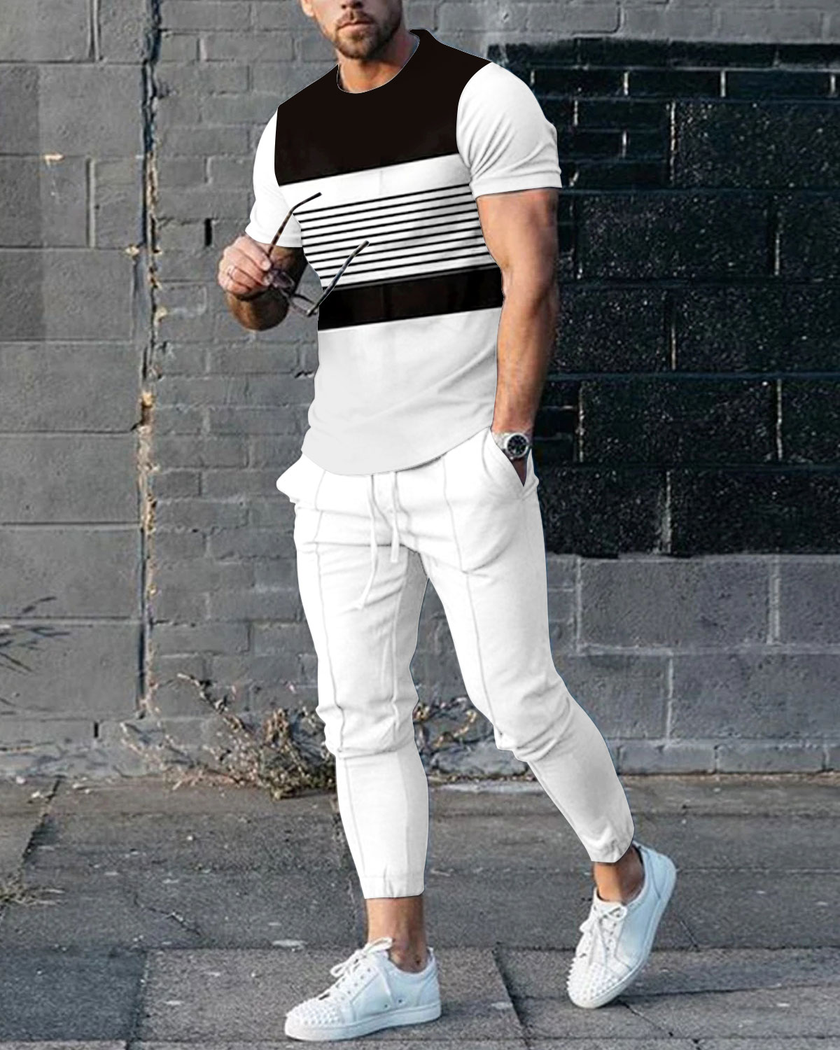 Gradient Stripe Stitching T-Shirt And Pants