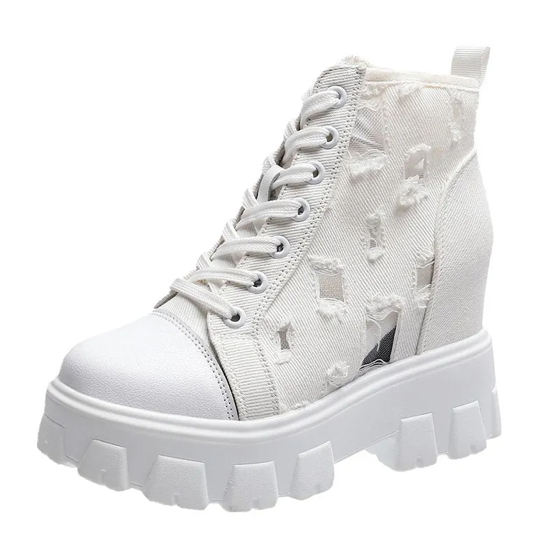 2022 Autumn Hollow Out Canvas Ankle Boots For Women Round Toe Lace Up Hidden Heels Shoes Woman Chunky Platform Booties