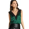 SHEIN Lace Trim Double V Neck Satin Silk Top Sexy Tops for Women Fitness Tank Top Green Elegant Workwear Women's Sleeveless Tops
