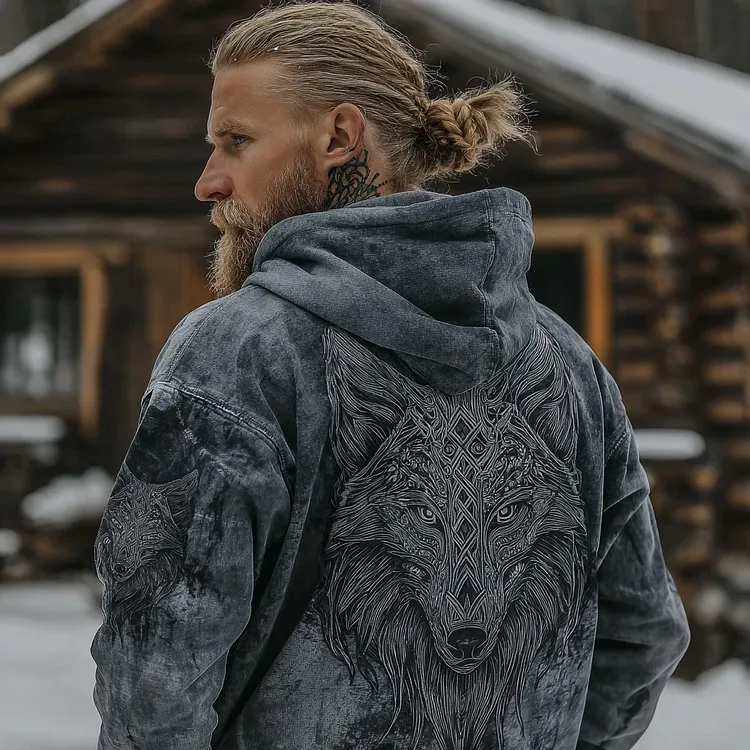 Men's Retro Viking Line Art Wolf Casual Hoodie