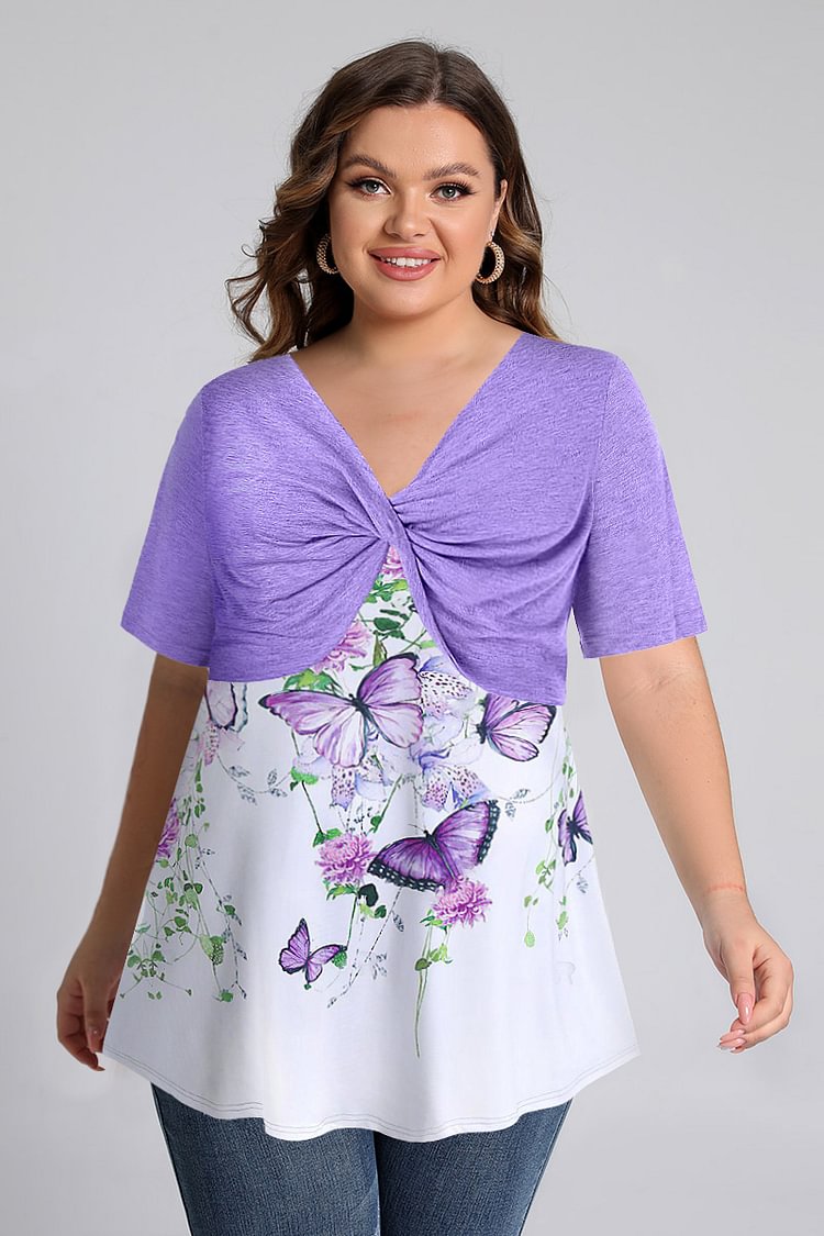 Flycurvy Plus Size Casual Lavender Knot Chest Butterflies Print Tunic Blouses  flycurvy [product_label]