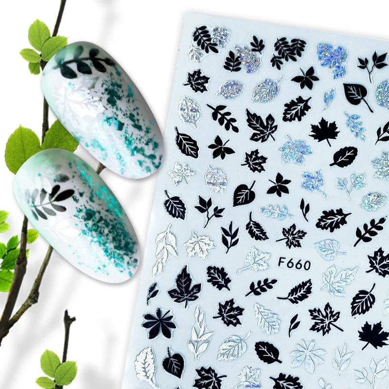 Summer Design 3D Stickers For Nails iridescent Black Gold Flower Leaf Series Decorations Sliders Nail Art Sticker Decals