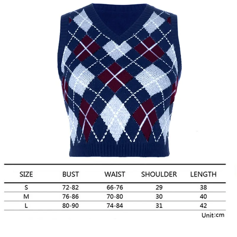 Argyle Sweater Vest Women  Black Sleeveless Plaid Knitted Crop Sweaters Casual Autumn Preppy Style 2020 tops V Neck Vintage