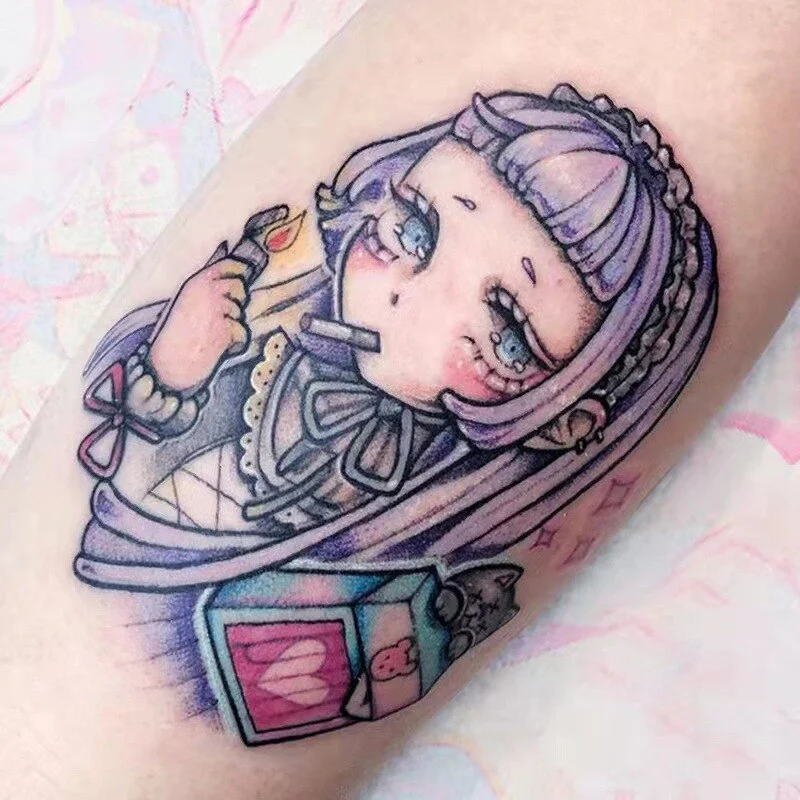 Sdrawing Temporary Tattoo Sticker Anime Cartoon Cute Pink Hair Girl Flower Necklace Fake Tatto Flash Tatoo Art for Women Men