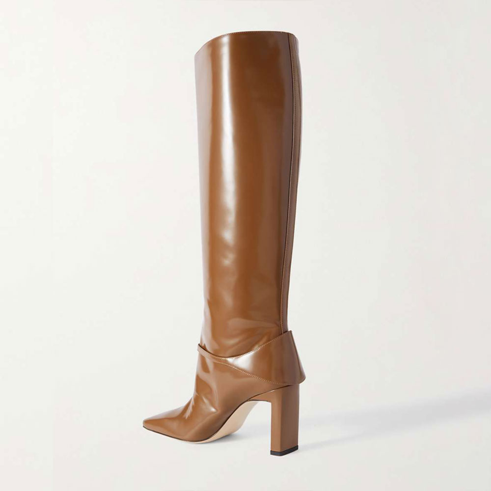 Brown Vegan Leather Square Toe Chunky Heel Wide Calf Knee High Boots Nicepairs