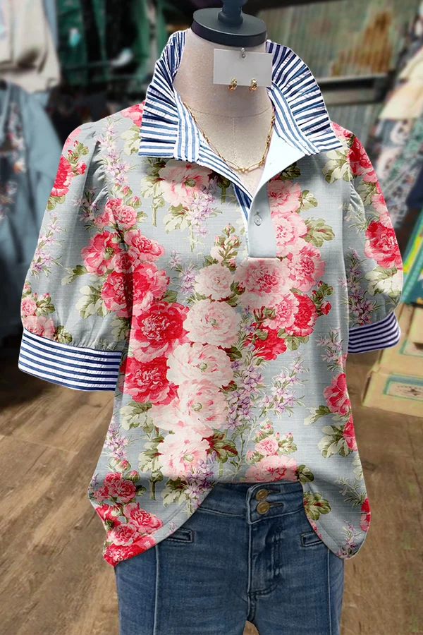 Vintage Floral Print Striped Short Sleeve Top