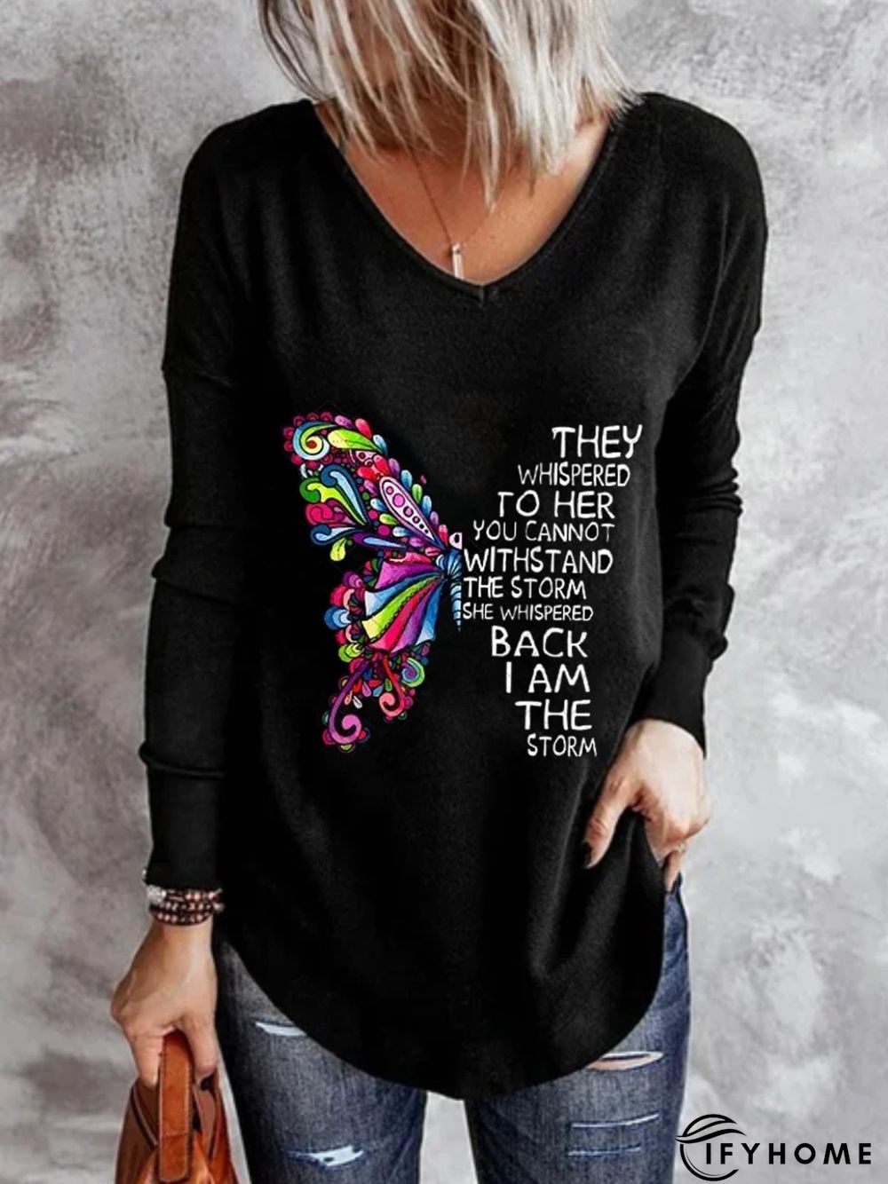 Casual Long Sleeve V Neck Printed Top Tunic T-Shirt | IFYHOME