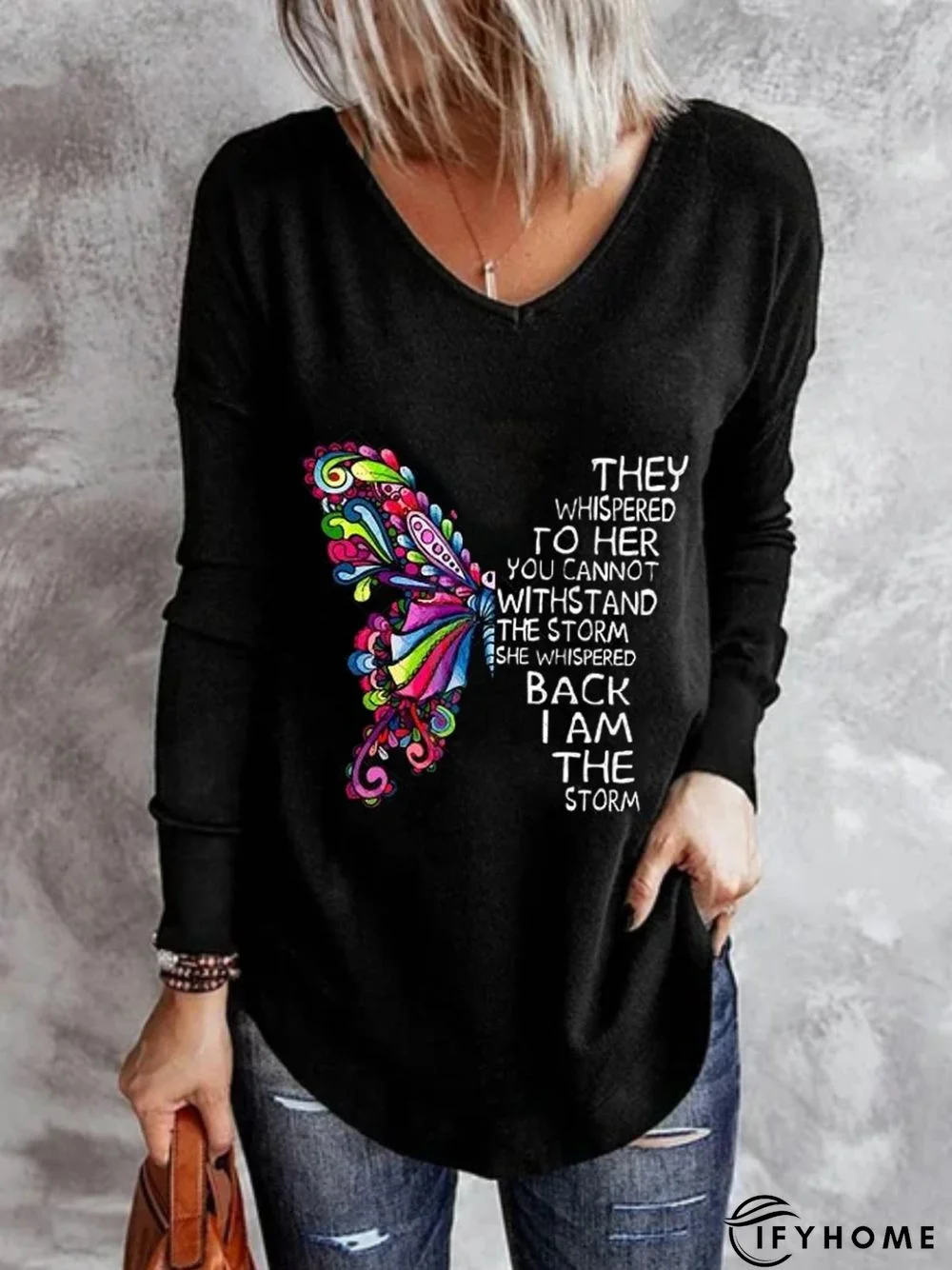 Casual Long Sleeve V Neck Printed Top Tunic T-Shirt | IFYHOME