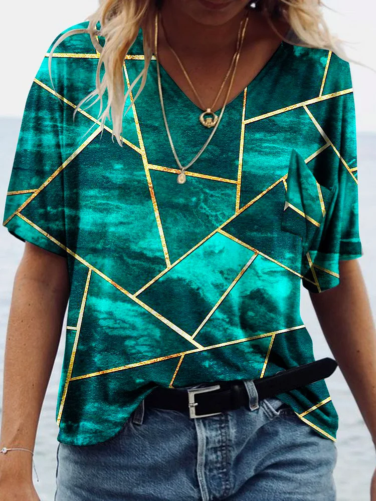 Bestdealfriday Women Vintage Geometric V Neck T-Shirt 11898041