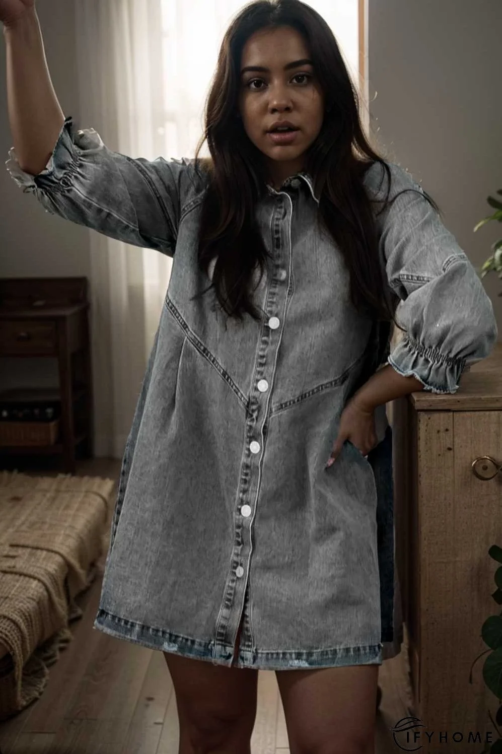 down loose short sleeve denim jean dress drop shoulder a line paneled peasant closed bateau v neck dress | IFYHOME