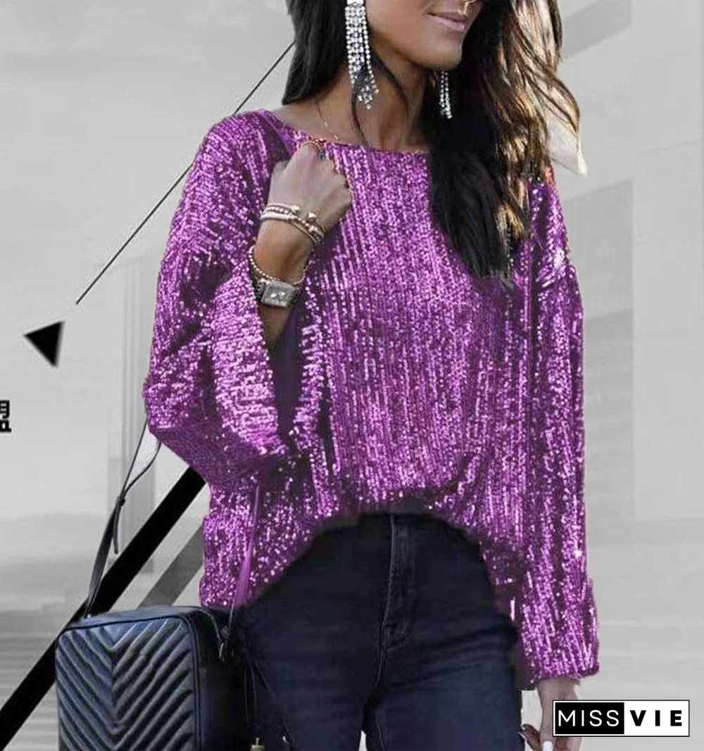 Round Neck Sequins Simple Shirt