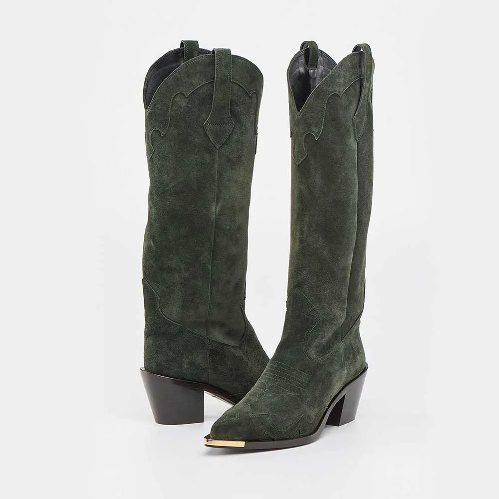 Green Mid Calf Embroidered Pointed Toe Vegan Suede Cowboy Boots