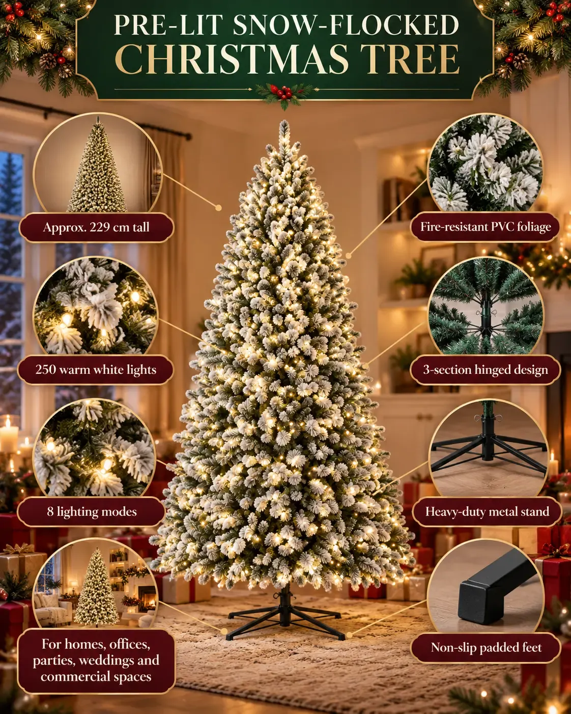 Metric and imperial feature guide for the pre-lit snow-flocked Christmas tree