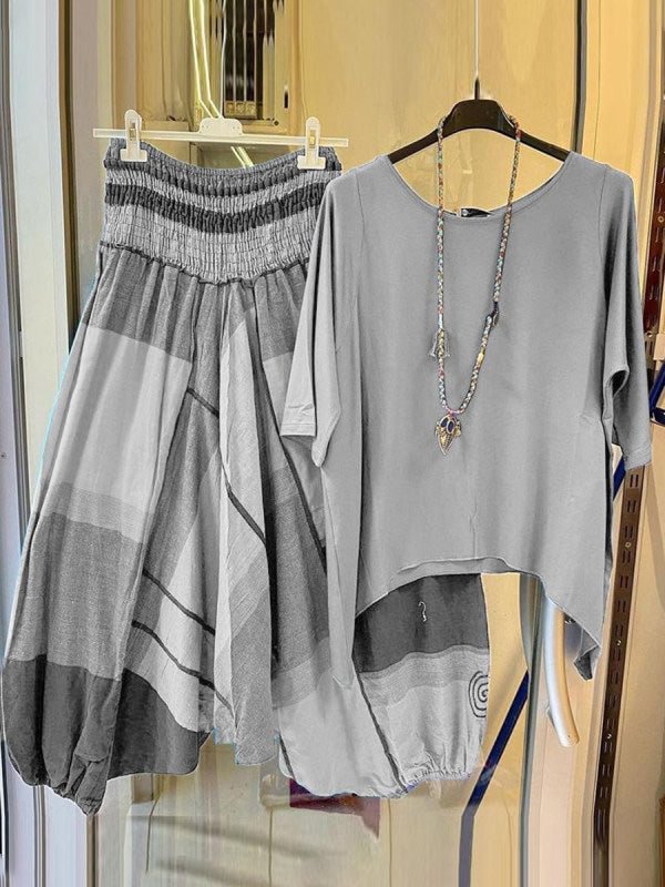 Women's round Neck Short Sleeve Color Block Stitching Two-Piece Pants