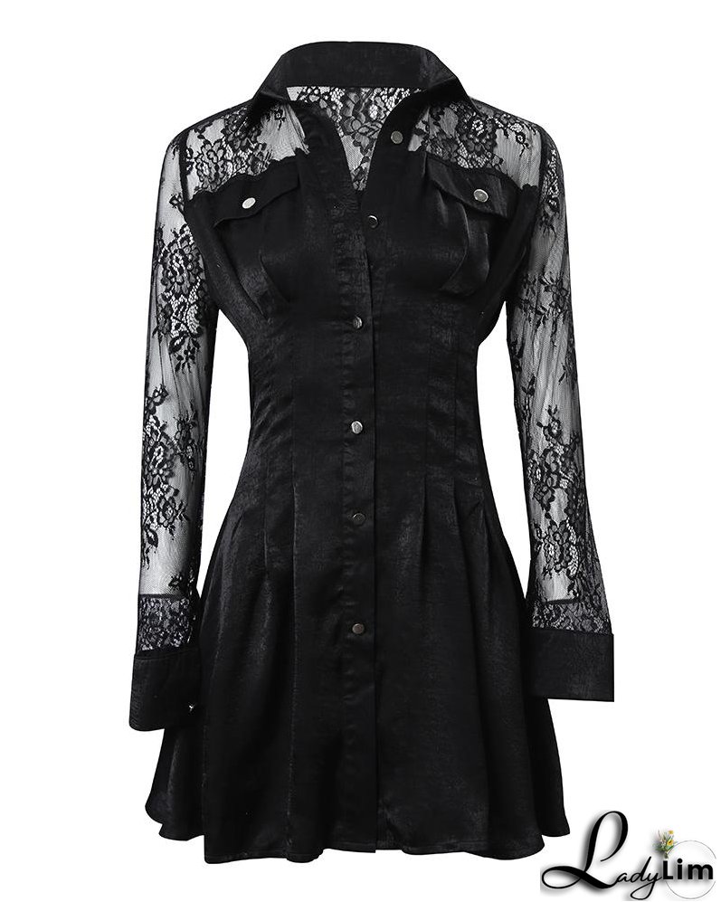 Contrast Lace Long Sleeve Button Down Shirt Dress