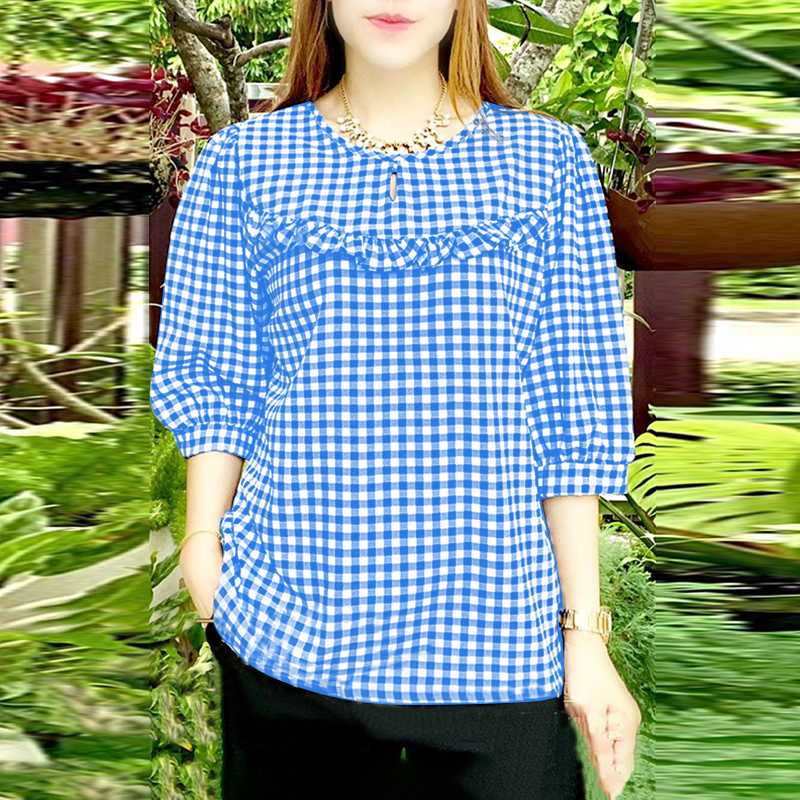ZANZEA Elegant Women Plaid Tops Vintage 3/4 Sleeve Ruffled Blouses 2024 Summer Round Neck Shirt Casual Loose Tunic Oversized