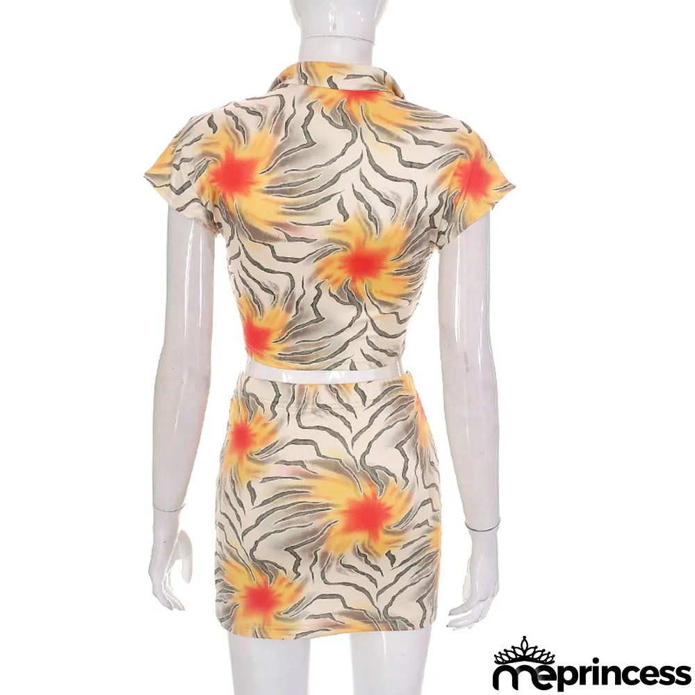 Women's Summer Printed Wrap Crop Top + Skirt Casual Set