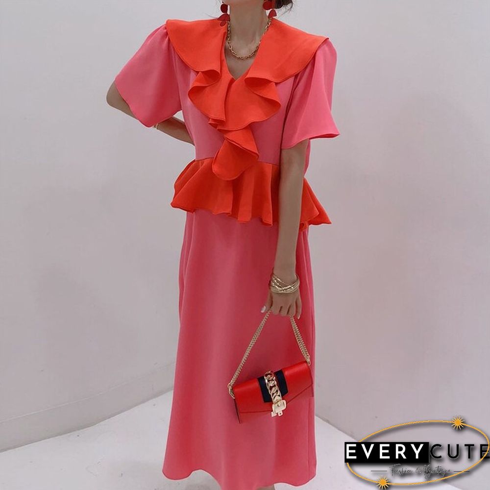 French elegant design sense ruffled contrast color dress women