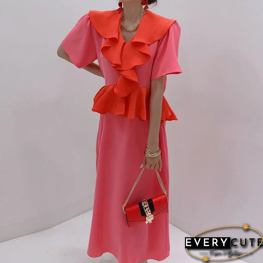 French elegant design sense ruffled contrast color dress women