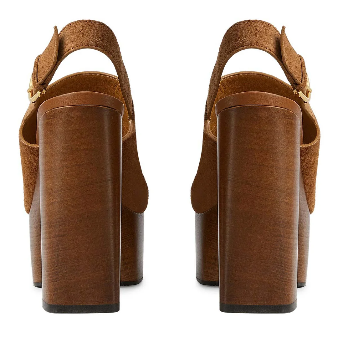 Vegan Suede Chunky High Heel Buckle Platform Women's Sandals in Brown