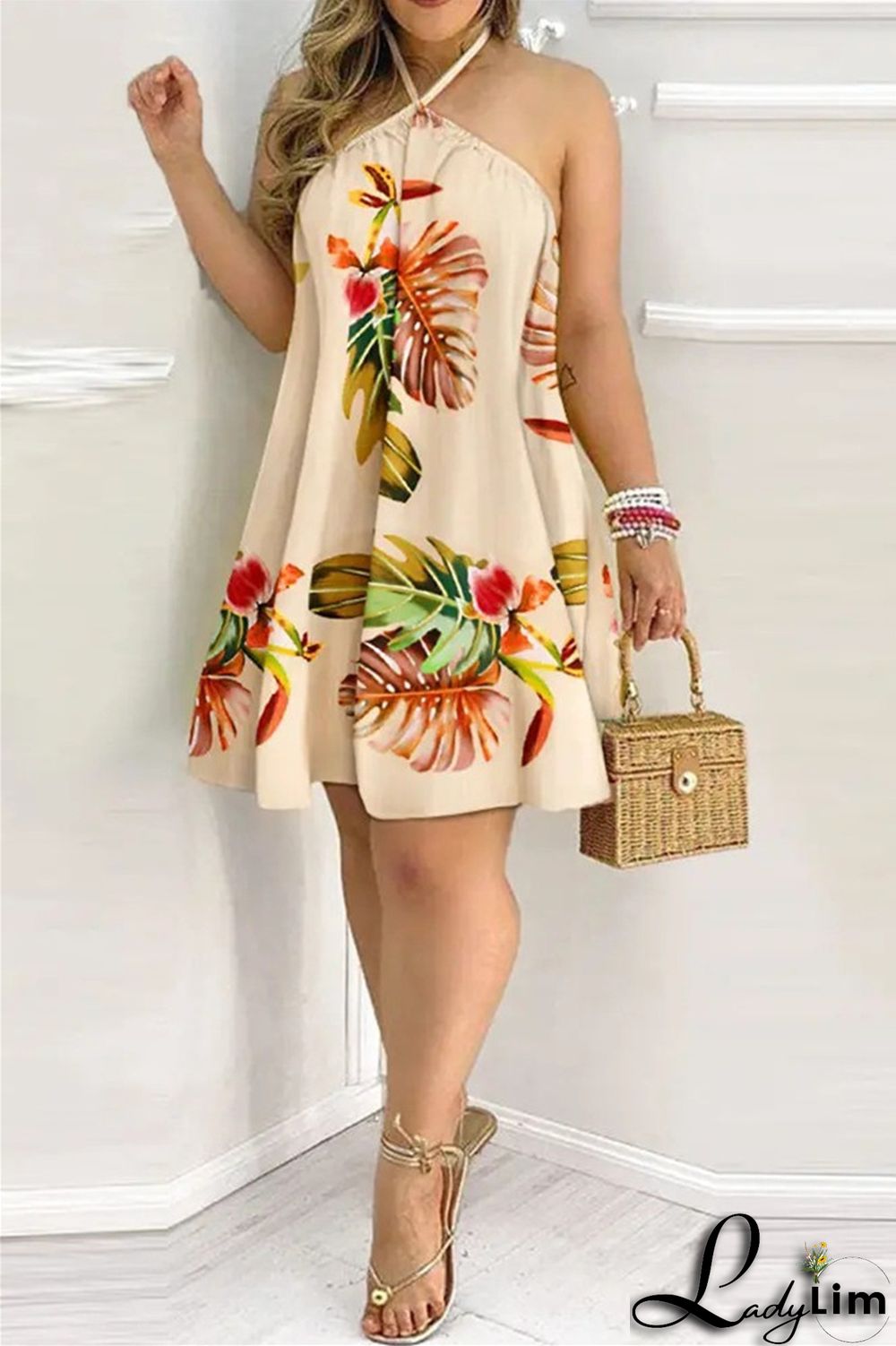 Blue Fashion Casual Print Bandage Backless Halter Sleeveless Dress Dresses