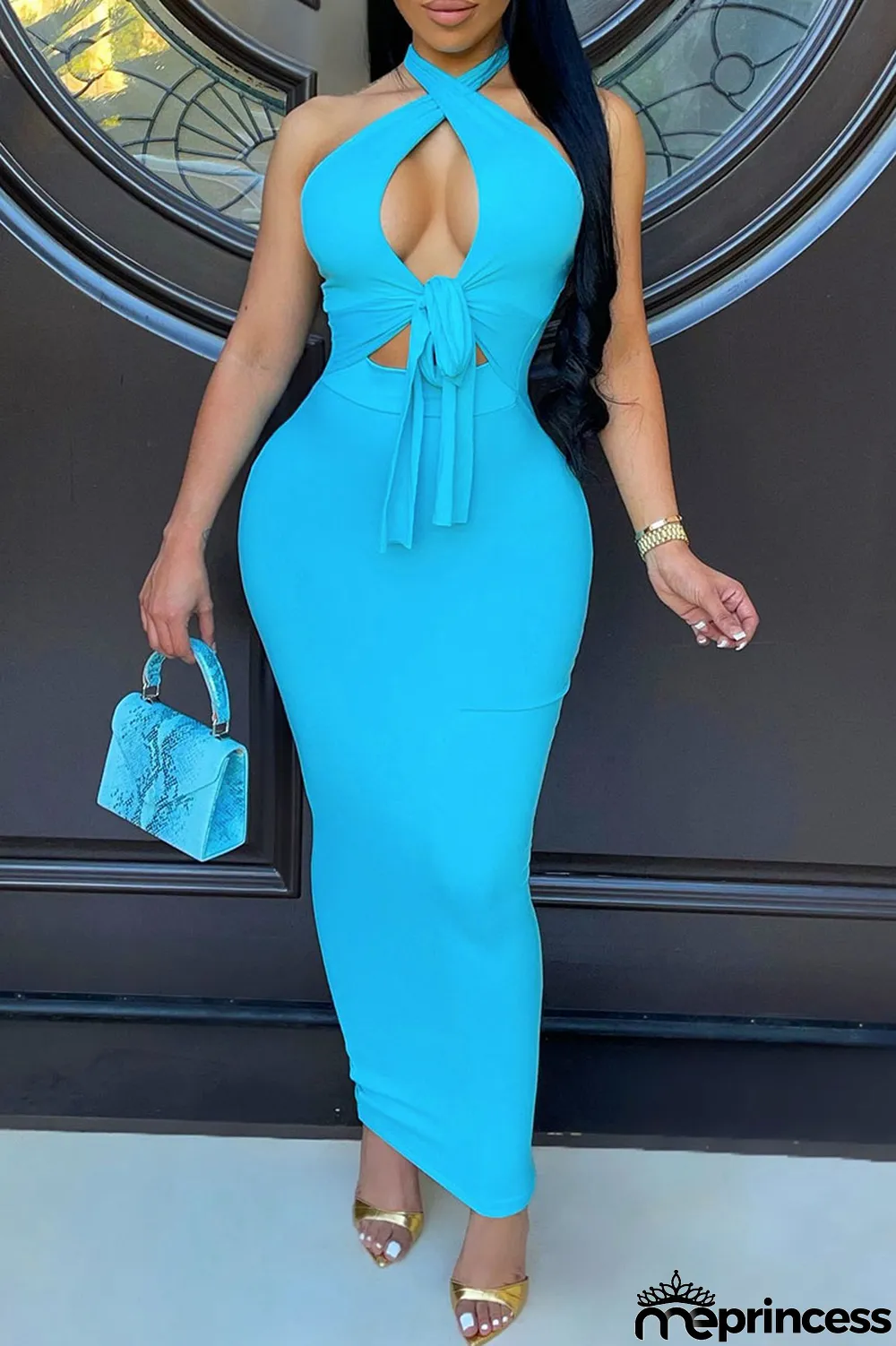 Sky Blue Fashion Sexy Solid Bandage Hollowed Out Backless Halter Sleeveless Dress Dresses