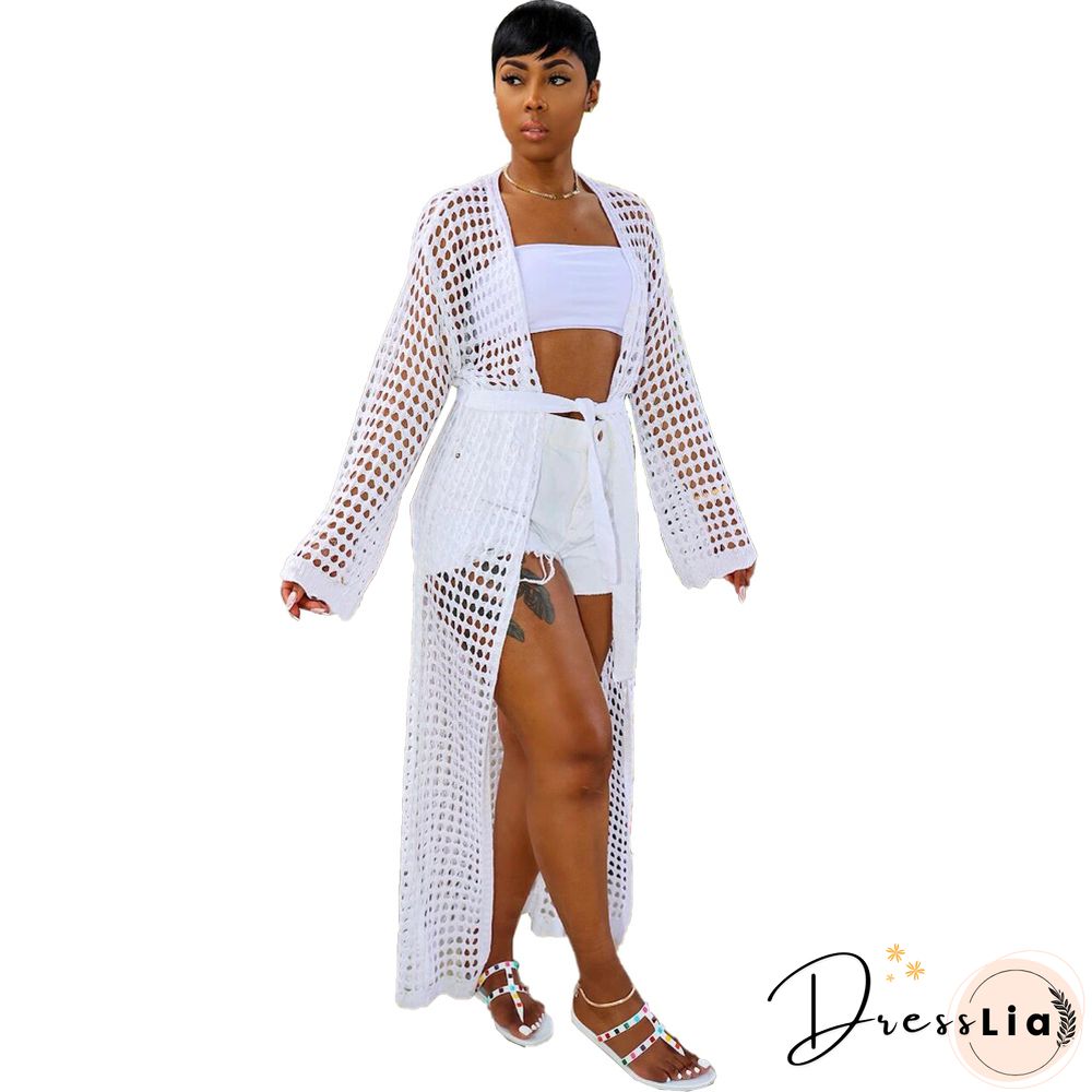 Beachwear Long Sleeve Mesh Grid Cardigan Cover-ups