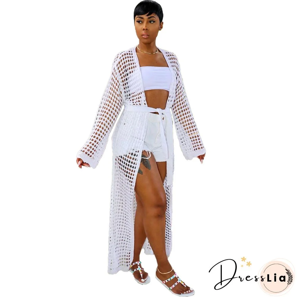 Beachwear Long Sleeve Mesh Grid Cardigan Cover-ups