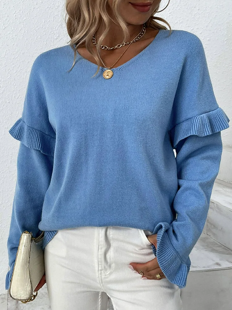 Women's Sweater Layered Flounce Sleeve V-Neck Sweater
