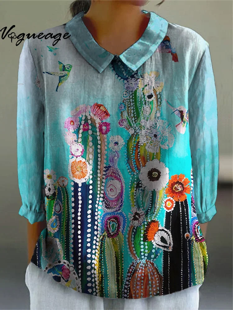 Blue Botanical Print Lapel Long Sleeve Cotton And Linen Women Shirt