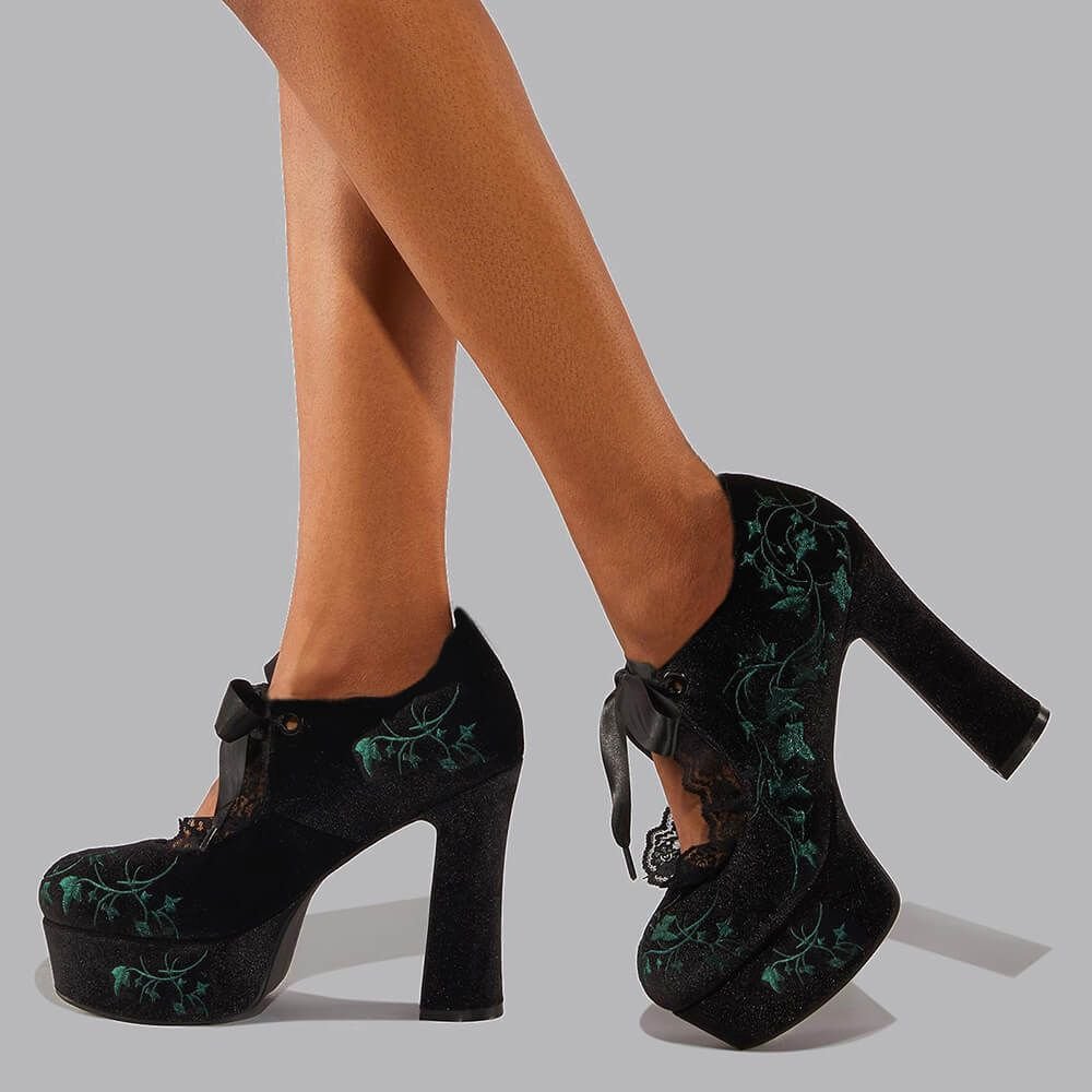 Round Toe Platform Pumps Black Satin Chunky Heels With Lace Decors Nicepairs